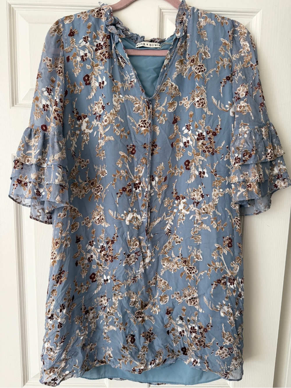 Alice + Olivia Blue Silk Blend Floral Mini Dress Ruffle Sleeves